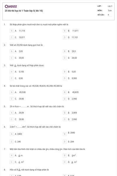 25 Đề thi học kì 1 Toán lớp 5( Đề 10)