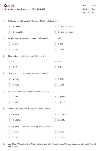 Đề thi trắc nghiệm Toán học kì 2 lớp 5 (Đề 12)