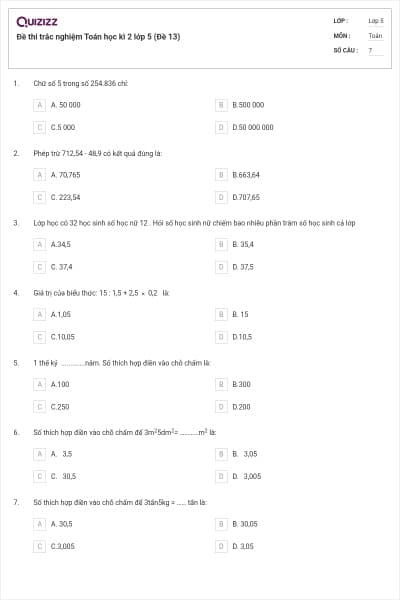 Đề thi trắc nghiệm Toán học kì 2 lớp 5 (Đề 13)
