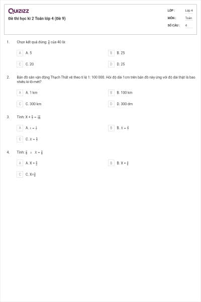 Đề thi học kì 2 Toán lớp 4 (Đề 9)