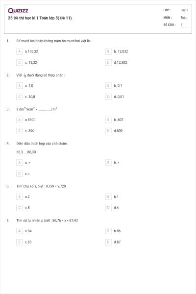 25 Đề thi học kì 1 Toán lớp 5( Đề 11)