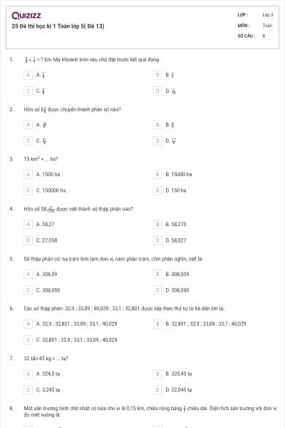25 Đề thi học kì 1 Toán lớp 5( Đề 13)