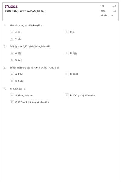 25 Đề thi học kì 1 Toán lớp 5( Đề 14)