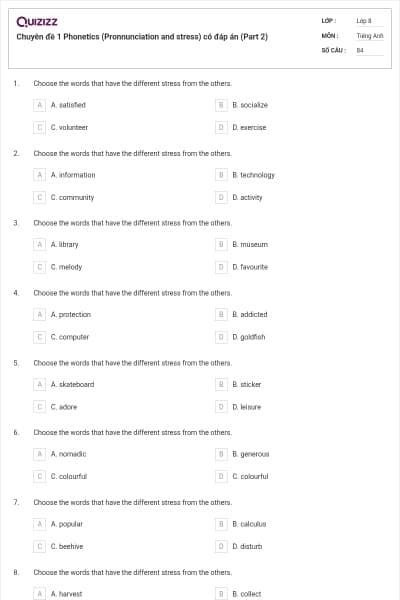 Chuyên đề 1 Phonetics (Pronnunciation and stress) có đáp án (Part 2)