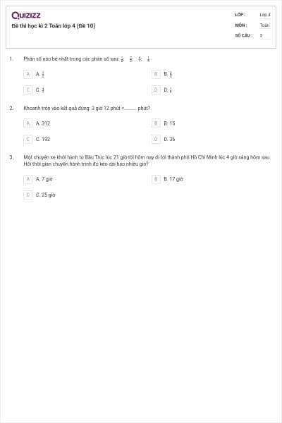 Đề thi học kì 2 Toán lớp 4 (Đề 10)