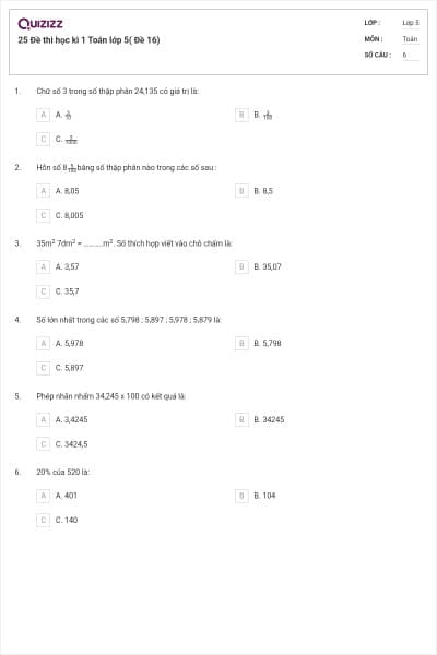 25 Đề thi học kì 1 Toán lớp 5( Đề 16)