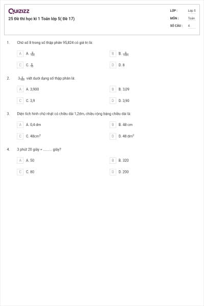 25 Đề thi học kì 1 Toán lớp 5( Đề 17)