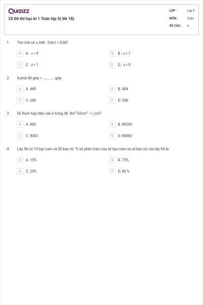25 Đề thi học kì 1 Toán lớp 5( Đề 18)