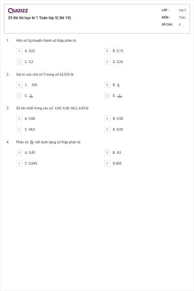 25 Đề thi học kì 1 Toán lớp 5( Đề 19)