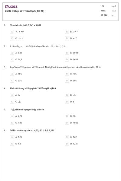 25 Đề thi học kì 1 Toán lớp 5( Đề 20)