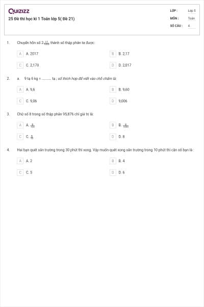 25 Đề thi học kì 1 Toán lớp 5( Đề 21)