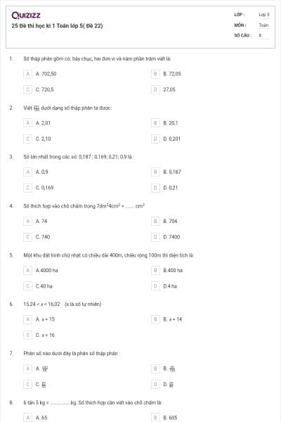 25 Đề thi học kì 1 Toán lớp 5( Đề 22)