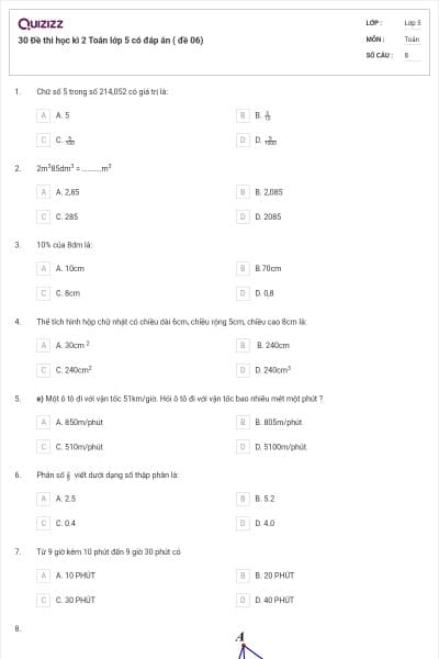 30 Đề thi học kì 2 Toán lớp 5 có đáp án ( đề 06)
