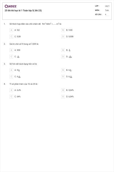 25 Đề thi học kì 1 Toán lớp 5( Đề 23)