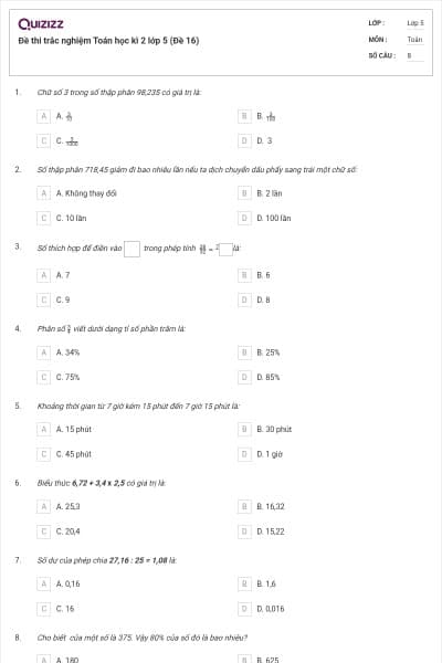Đề thi trắc nghiệm Toán học kì 2 lớp 5 (Đề 16)