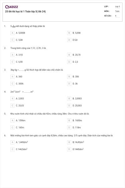 25 Đề thi học kì 1 Toán lớp 5( Đề 24)
