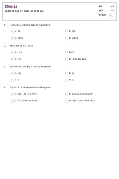 25 Đề thi học kì 1 Toán lớp 5( Đề 25)