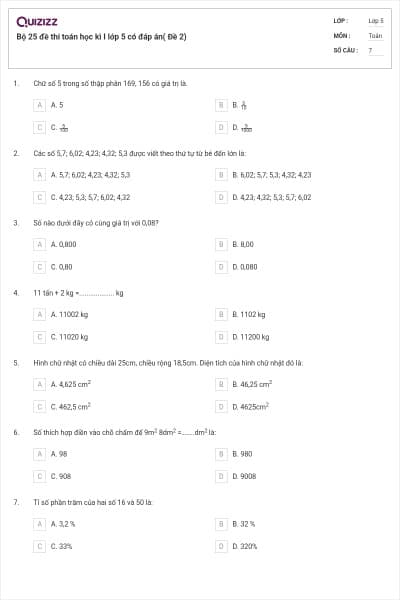 Bộ 25 đề thi toán học kì I lớp 5 có đáp án( Đề 2)
