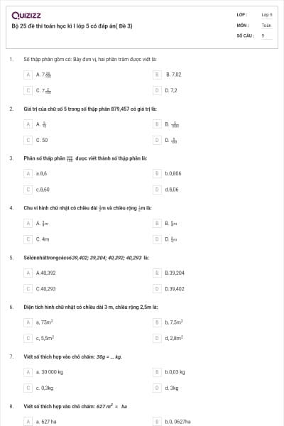 Bộ 25 đề thi toán học kì I lớp 5 có đáp án( Đề 3)