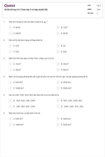 30 Đề thi học kì 2 Toán lớp 5 có đáp án(đề 08)