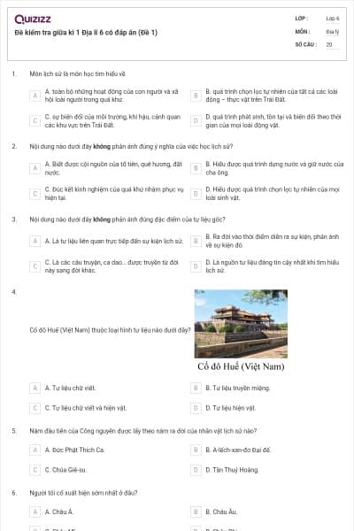 Đề kiểm tra giữa kì 1 Địa lí 6 có đáp án (Đề 1)
