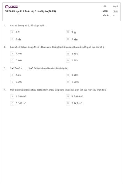 30 Đề thi học kì 2 Toán lớp 5 có đáp án(đề 09)