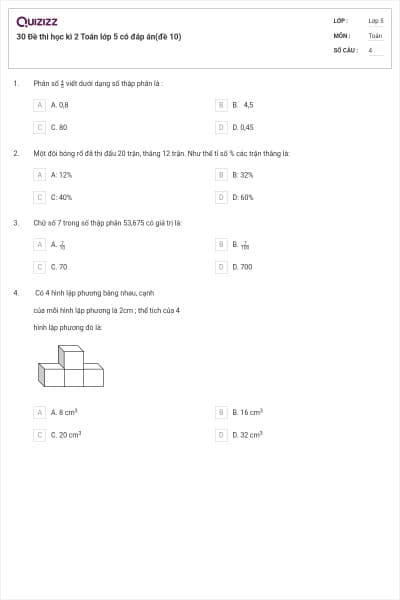 30 Đề thi học kì 2 Toán lớp 5 có đáp án(đề 10)
