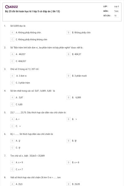 Bộ 25 đề thi toán học kì I lớp 5 có đáp án ( Đề 13)