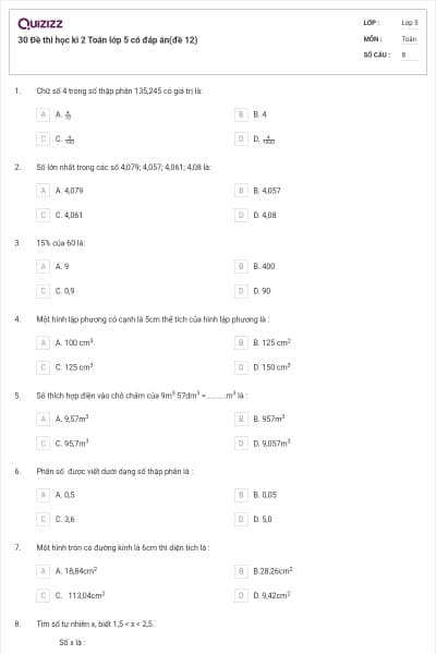 30 Đề thi học kì 2 Toán lớp 5 có đáp án(đề 12)