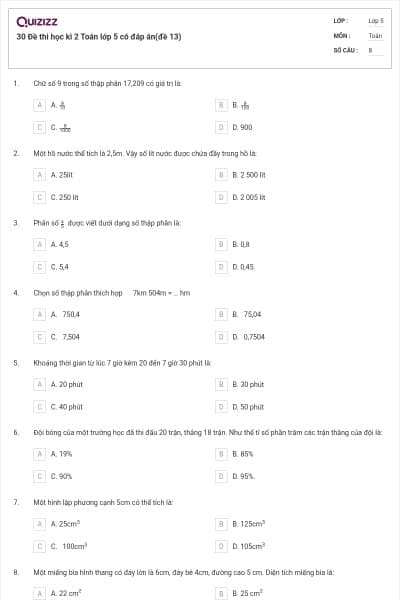 30 Đề thi học kì 2 Toán lớp 5 có đáp án(đề 13)