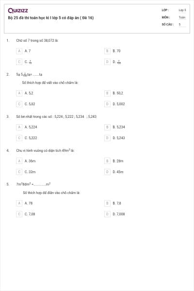 Bộ 25 đề thi toán học kì I lớp 5 có đáp án ( Đề 16)