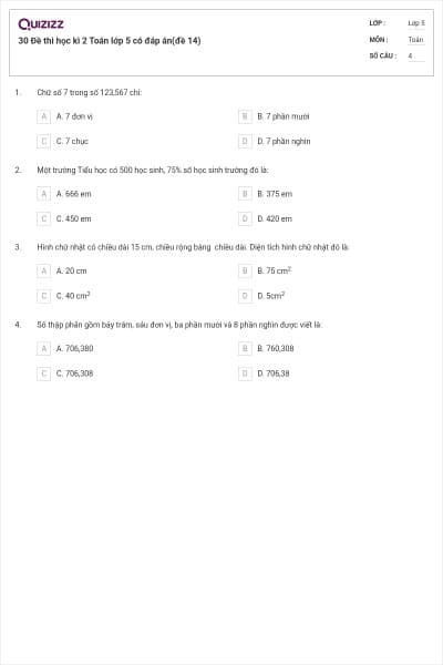 30 Đề thi học kì 2 Toán lớp 5 có đáp án(đề 14)