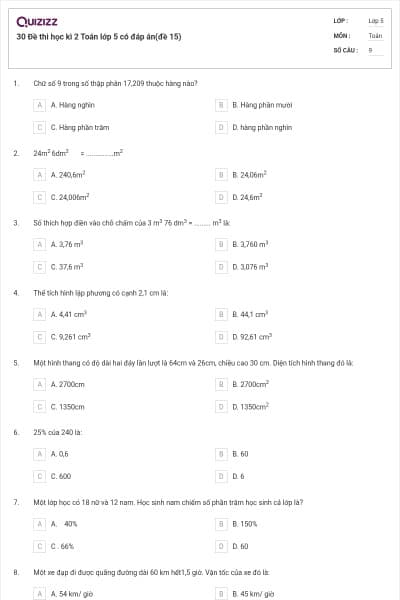 30 Đề thi học kì 2 Toán lớp 5 có đáp án(đề 15)