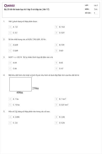 Bộ 25 đề thi toán học kì I lớp 5 có đáp án ( Đề 17)