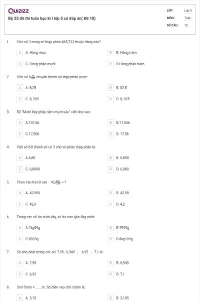 Bộ 25 đề thi toán học kì I lớp 5 có đáp án( Đề 18)