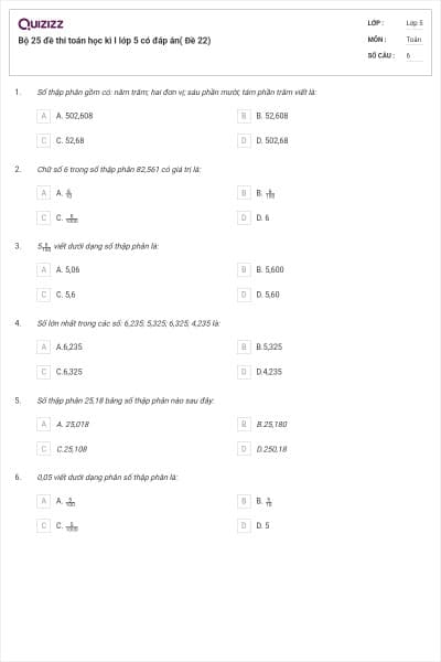 Bộ 25 đề thi toán học kì I lớp 5 có đáp án( Đề 22)