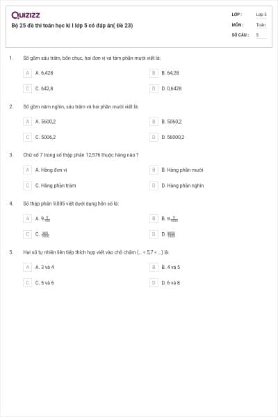 Bộ 25 đề thi toán học kì I lớp 5 có đáp án( Đề 23)