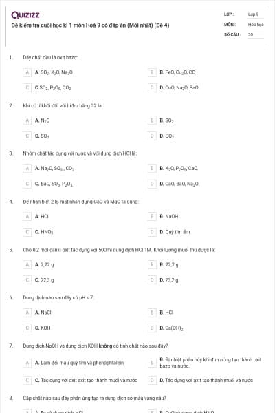 Đề kiểm tra cuối học kì 1 môn Hoá 9 có đáp án (Mới nhất) (Đề 4)