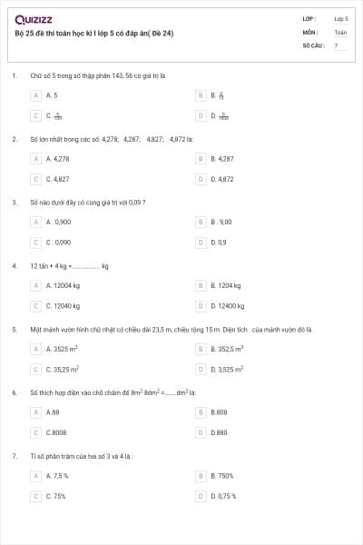 Bộ 25 đề thi toán học kì I lớp 5 có đáp án( Đề 24)