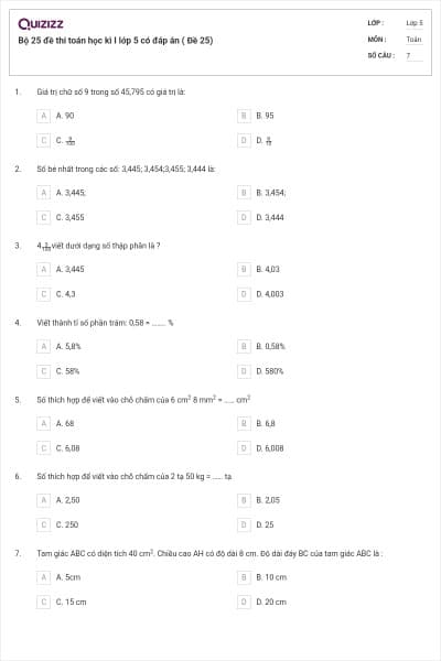 Bộ 25 đề thi toán học kì I lớp 5 có đáp án ( Đề 25)
