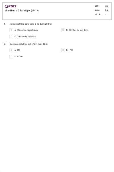 Đề thi học kì 2 Toán lớp 4 (Đề 13)