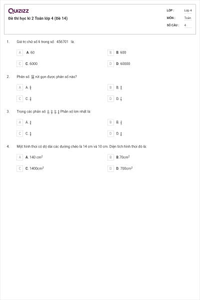 Đề thi học kì 2 Toán lớp 4 (Đề 14)