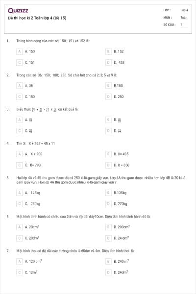 Đề thi học kì 2 Toán lớp 4 (Đề 15)