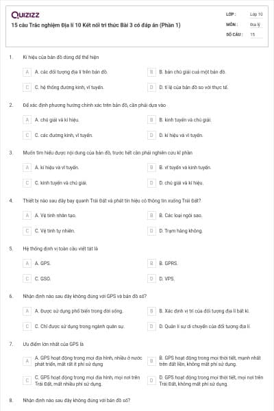 15 câu Trắc nghiệm Địa lí 10 Kết nối tri thức Bài 3 có đáp án (Phần 1)