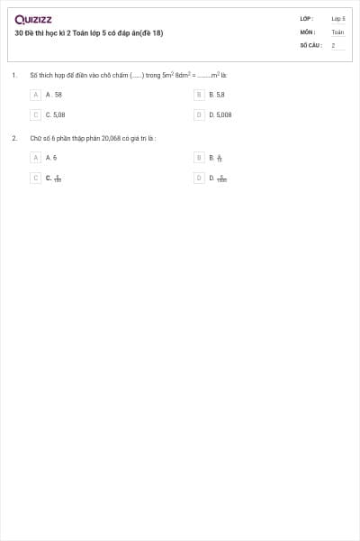 30 Đề thi học kì 2 Toán lớp 5 có đáp án(đề 18)