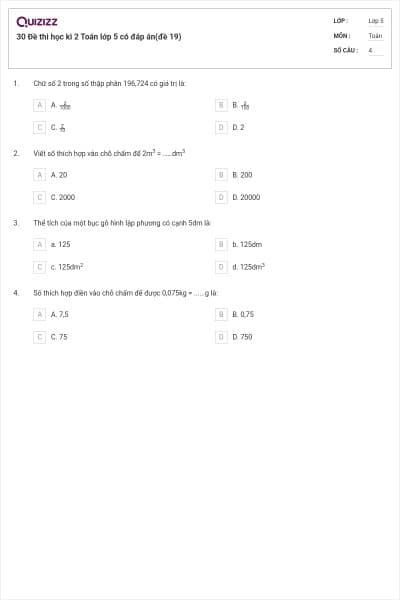 30 Đề thi học kì 2 Toán lớp 5 có đáp án(đề 19)