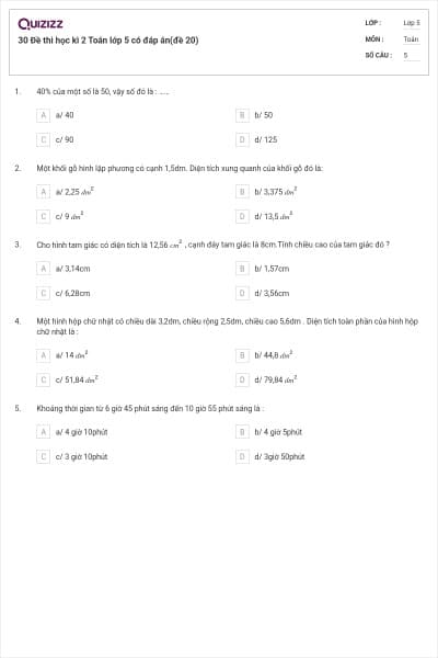 30 Đề thi học kì 2 Toán lớp 5 có đáp án(đề 20)