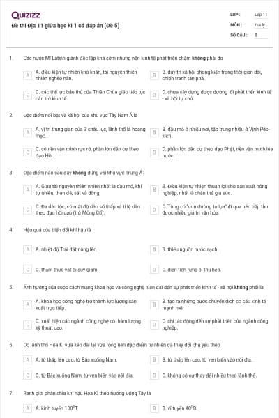 Đề thi Địa 11 giữa học kì 1 có đáp án (Đề 5)