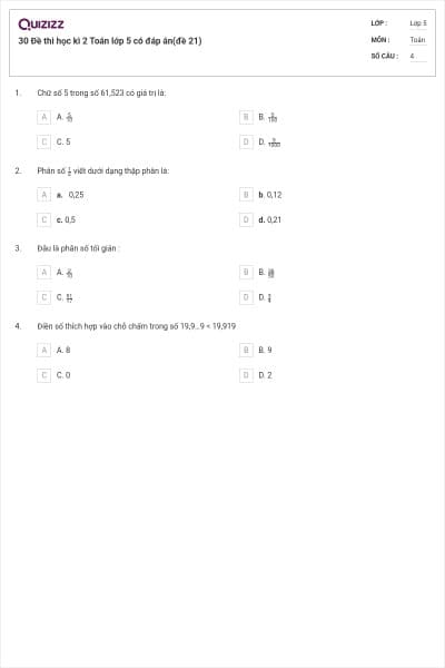 30 Đề thi học kì 2 Toán lớp 5 có đáp án(đề 21)