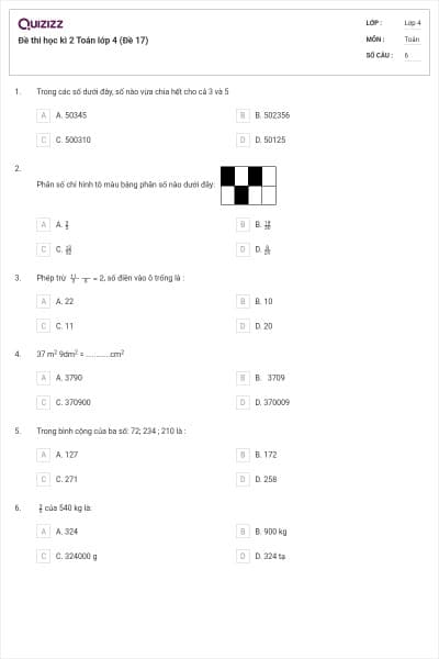 Đề thi học kì 2 Toán lớp 4 (Đề 17)